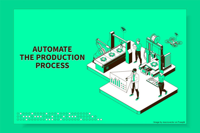 Smart industry production process isometric website with computer controlled robotic manufacturing bright background landing page vector illustration