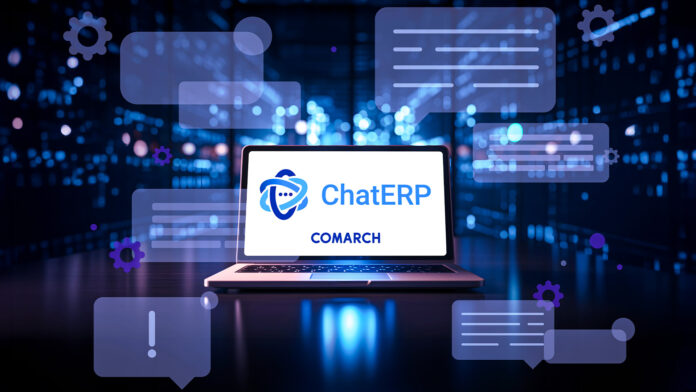 Abbildung eines Laptops mit dem Logos von ChatERP und Comarch auf dem Bildschirm